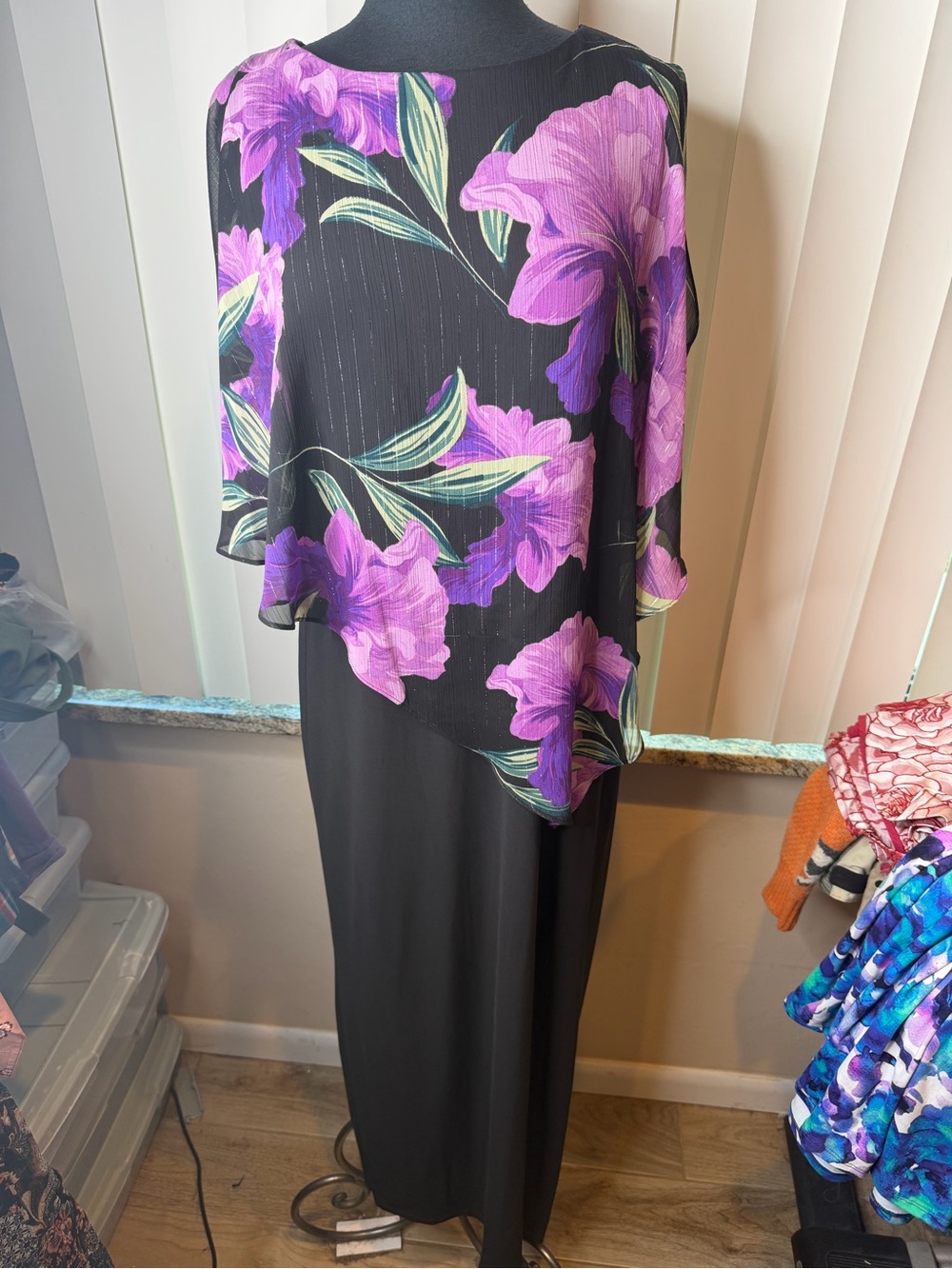 Ignite Evenings Black Dress Purple Floral Overlay Evening Maxi Dress SZ 14